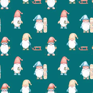 Seamless pattern with cute gnomes. Winter sports, skiing, skating, snowboarding Stock Illustration