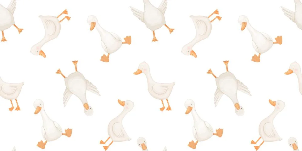Seamless pattern with cute goose character, baby animal, watercolor illustrat Stock Illustration