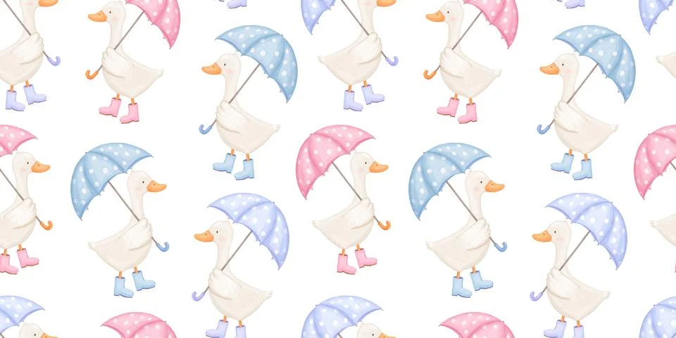 Seamless pattern with cute goose character with umbrella, baby animal, wate.. Stock Illustration