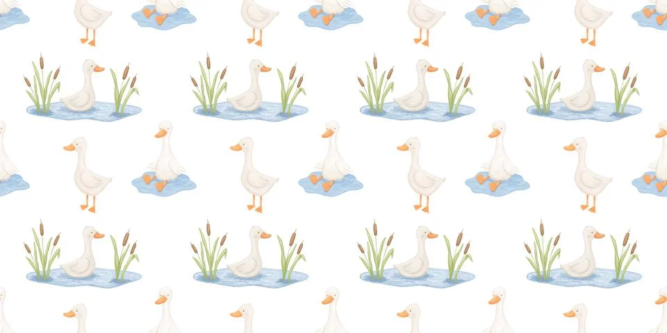 Seamless pattern with cute goose or duck in water, baby animal, watercolor il Stock Illustration