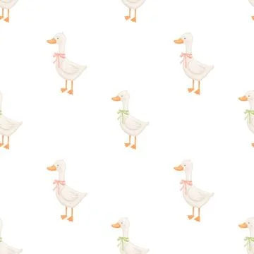 Seamless pattern with cute goose on white, baby animal, watercolor illustra.. Stockillustratie