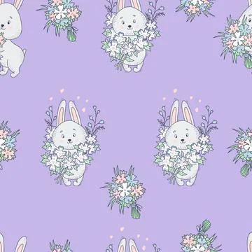 Seamless pattern with cute gray rabbits and large bouquet of flowers on light Stock Illustration
