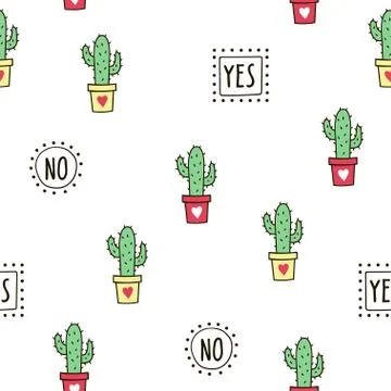 Seamless pattern with cute green cacti and words. Stock Illustration
