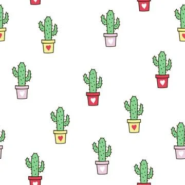 Seamless pattern with cute green cacti. Stock Illustration
