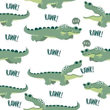 Seamless pattern of cute green crocodiles with rawr lettering and sleeping .. Stock Illustration
