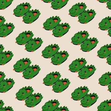 Seamless Pattern of Cute Green Dinosaur Slippers Stock-Illustration