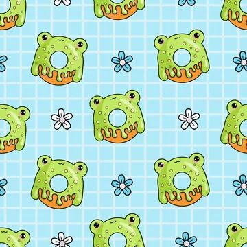 Seamless pattern with cute green frog donut. Funny kawaii cartoon character Stock Illustration