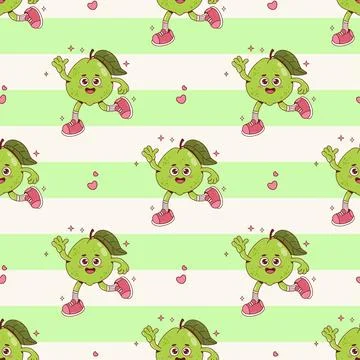 Seamless Pattern Cute Guava Groovy Character on green striped Background. F.. Stock Illustration