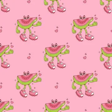Seamless Pattern Cute Guava Groovy Character on Pink Background with heart... Stock Illustration