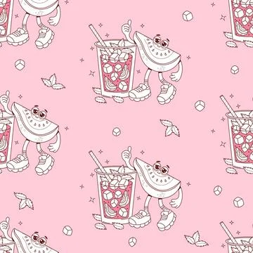 Seamless Pattern Cute Guava Groovy Character with Summer Drink Cocktail wit.. Illustrazione stock