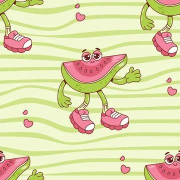 Seamless Pattern Cute Guava Groovy Character on green Distorted Stripe Back.. Stock Illustration