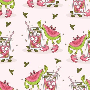 Seamless Pattern. Cute Guava Groovy Character with Pink Drink Cocktail with.. Stock Illustration