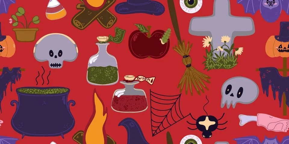 Seamless pattern of cute Halloween elements in cartoon style: pumpkins, skull 스톡 일러스트