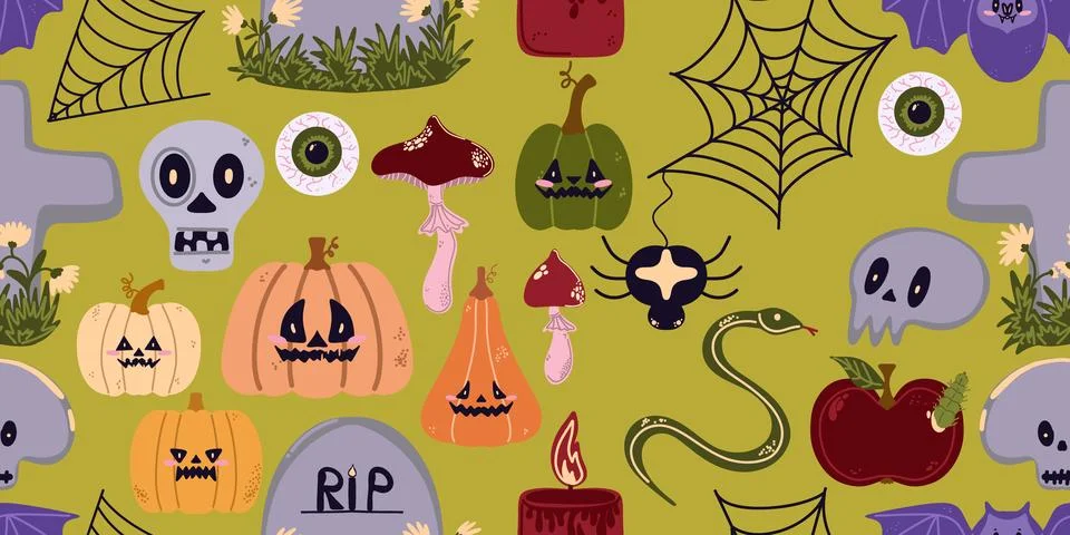 Seamless pattern of cute Halloween elements in cartoon style: pumpkins, skull Illustrazione stock