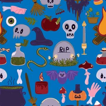 Seamless pattern of cute Halloween elements in cartoon style: pumpkins, skull Stock Illustration