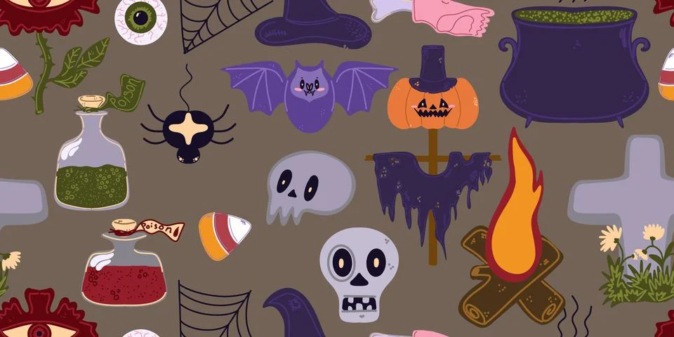 Seamless pattern of cute Halloween elements in cartoon style: pumpkins, skull Illustrazione stock