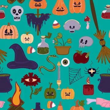 Seamless pattern of cute Halloween elements in cartoon style: pumpkins, skull Stock Illustration