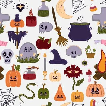 Seamless pattern of cute Halloween elements in cartoon style: pumpkins, skull 스톡 일러스트