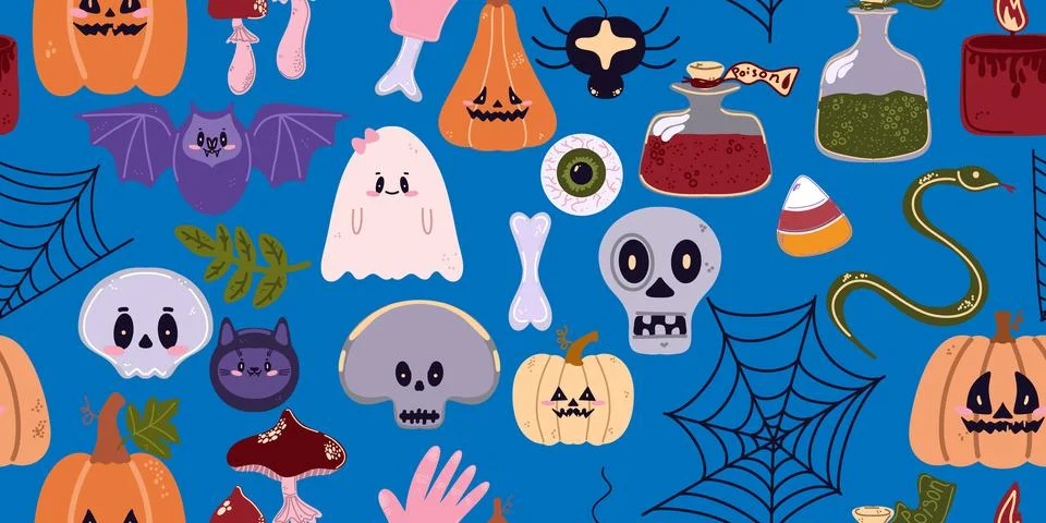 Seamless pattern of cute Halloween elements in cartoon style: pumpkins, skull Illustrazione stock