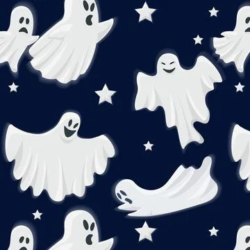Seamless pattern of a cute Halloween ghost on a dark background. Festive 스톡 일러스트