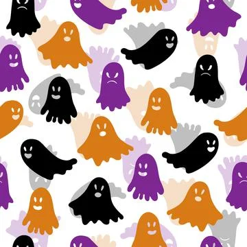 Seamless pattern cute Halloween ghosts vector background Stock Illustration