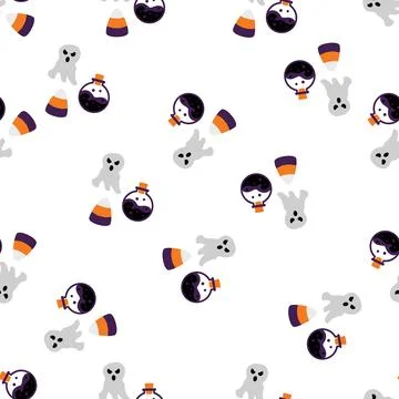 Seamless pattern with cute Halloween ghosts candy corn and magic potions. Stockillustratie
