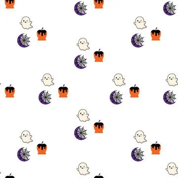 Seamless pattern with cute Halloween ghosts pumpkins and spider webs on whi.. Stock Illustration