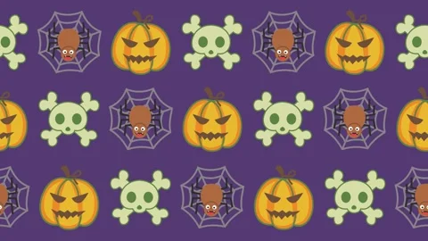 Seamless pattern of cute Halloween jack-o-lantern pumpkins, skull crossbones Stock Footage 343647848