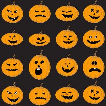 Seamless pattern with cute Halloween pumpkins in cartoon style on a black Stock Illustration