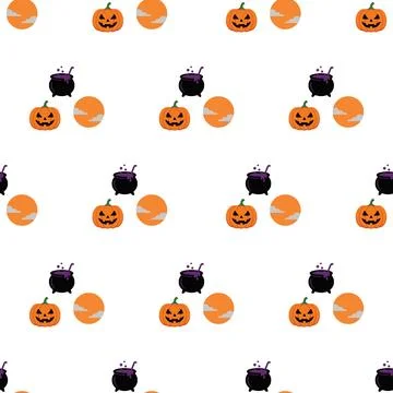 Seamless pattern with cute Halloween pumpkins and magic cauldrons on white .. Stock Illustration