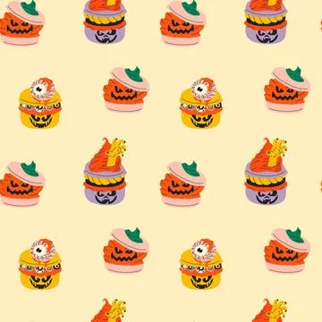 Seamless pattern with cute halloween scary maracon cartoon characters. Illustration