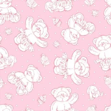 Seamless pattern with cute hand draw teddy bears in skirts sketch style Stock Illustration