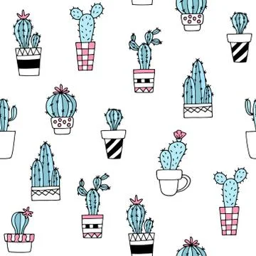 Seamless pattern with cute hand drawn cactus.Perfect for fabric,textile.Vecto Illustrazione stock