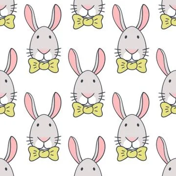 Seamless pattern with cute hand-drawn rabbits. Vector template. Stock Illustration