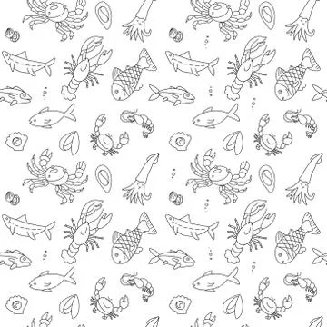Seamless pattern with cute hand drawn fish and other marine inhabitants in do Illustrazione stock