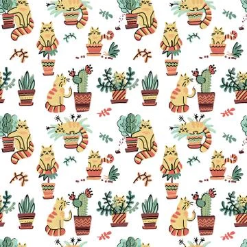 Seamless pattern with Cute hand drawn cats in different poses damaging home p Stock Illustration