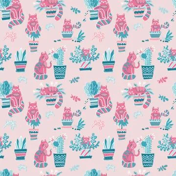 Seamless pattern with Cute hand drawn cats in different poses with plant pots Stock Illustration