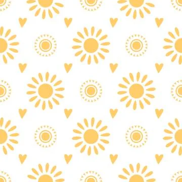 Seamless pattern cute hand drawn yellow doodle suns on white background Summe Stock Illustration