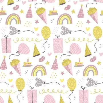Seamless pattern with cute hand drawn gift boxes, baloon, buquete, hats and Stock Illustration