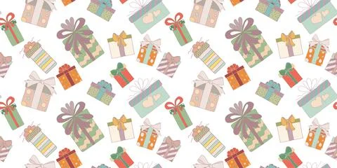 Seamless pattern. Cute hand drawn colored gift boxes in doodle style. Vector Stock Illustration