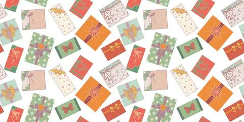 Seamless pattern. Cute hand drawn isolated gift boxes top view in doodle style Illustrazione stock