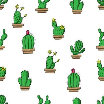 Seamless pattern of cute hand drawn cactus vector illustrations Stock Illustration