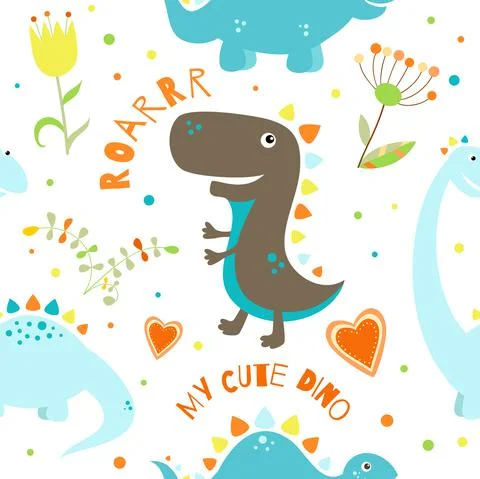 Seamless pattern with cute hand drawn sketches with dinosaurs. Funny dinos pa Stock Illustration