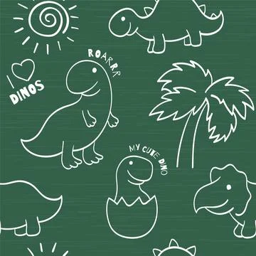 Seamless pattern with cute hand drawn sketches with dinosaurs. Funny dinos on Stock Illustration