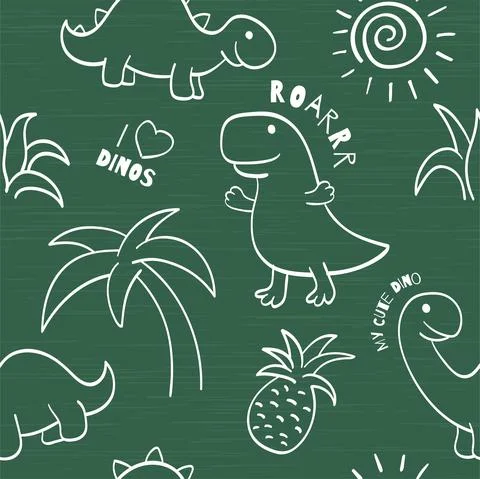 Seamless pattern with cute hand drawn sketches with dinosaurs. Funny dinos on Stock Illustration