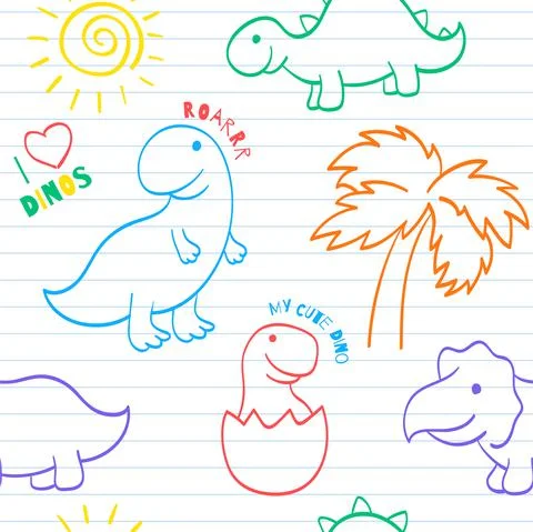 Seamless pattern with cute hand drawn sketches with dinosaurs. Funny dinos on Stock Illustration
