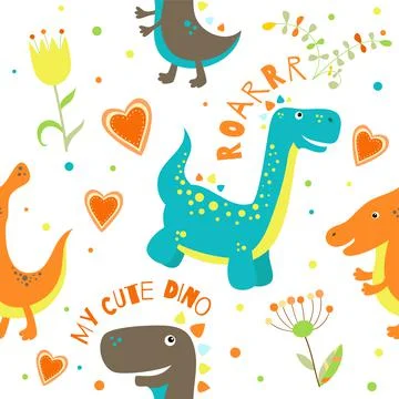 Seamless pattern with cute hand drawn sketches with dinosaurs. Funny dinos pa Stock Illustration