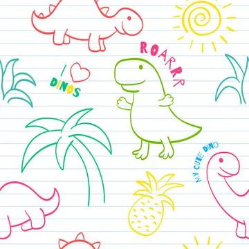 Seamless pattern with cute hand drawn sketches with dinosaurs. Funny dinos on Stock Illustration