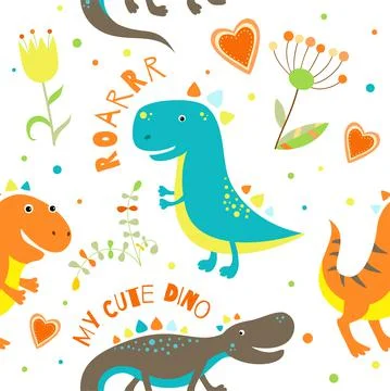 Seamless pattern with cute hand drawn sketches with dinosaurs. Funny dinos pa Stock Illustration