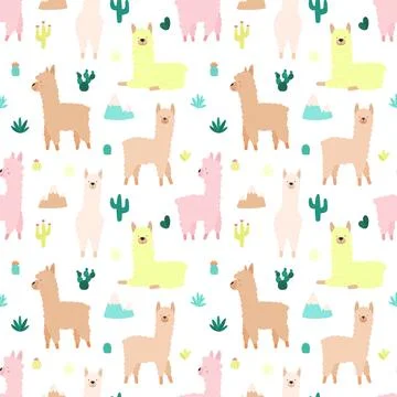 Seamless pattern of cute hand-drawn llamas or alpacas, mountains, cacti, garl 스톡 일러스트